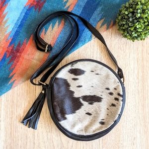 Genuine Leather and Cowhide Round Crossbody Bag - Black